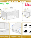 Heavy Duty Super Clear Shoe Organizer With Reinforced Magnetic Front Door Stackable Storage Box showing clear design, size 13.5 x 10.5 x 7.2 in.