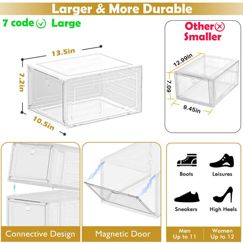 Heavy Duty Super Clear Shoe Organizer With Reinforced Magnetic Front Door Stackable Storage Box showing clear design, size 13.5 x 10.5 x 7.2 in.