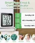 4 Pack Digital Humidity Meter Hygrometer With Thermometer For Home Use And Baby Nursery Accurate Room Temperature Monitor Emoji Display, white unit on books