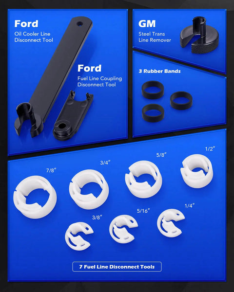26 Piece Fuel Line Disconnect Tool Set Master Quick Disconnect Kit with Ford, GM tools and rubber bands.