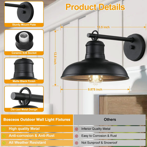 Diagram showing size and features of 2 Pack Outdoor Wall Lights Vintage Black Sconces for Exterior and Indoor Use.
