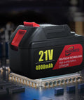 21V 4000mAh Li-Ion battery for 21V Cordless Angle Grinder With 0-9000 RPM No-Load Up To 10000 RPM, highlighting lithium technology