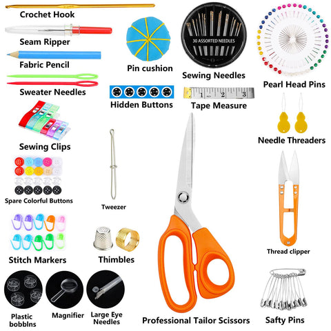 Travel Sewing Kit for Adults with 200 Plus Accessories Including 43XL Thread 150 Yards, scissors, needles, tape measure.