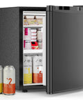 Slick 1.6 Cubic Foot Compact Mini Fridge With Freezer And Small Upright Kitchen Unit For Bedroom Dorm Or Office featuring open door with drinks and storage.