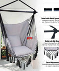 Hammock Chair Hanging Rope Swing Chair For Indoor Outdoor Use Built For Chill Comfort Up To 450 Lbs Large With Pocket And Two Cushions Removable Steel Bar Hardware Kit Included Light Grey