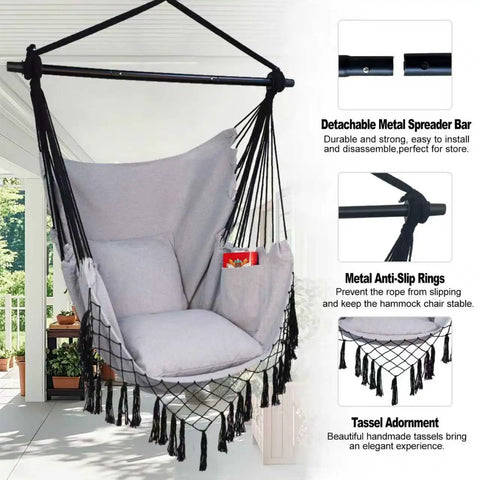 Hammock Chair Hanging Rope Swing Chair For Indoor Outdoor Use Built For Chill Comfort Up To 450 Lbs Large With Pocket And Two Cushions Removable Steel Bar Hardware Kit Included Light Grey