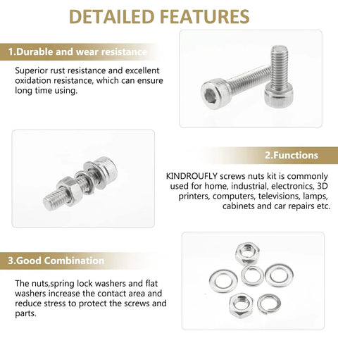 304 Stainless Steel Hex Socket Head Cap Screw Set 212 Pieces M5 Lengths 6 8 12 16 20 25 30mm Includes Nuts Lock Washers Flat Washers Fully Threaded All Purpose Kit