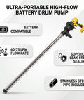 Aolidsive Cordless Drum Pump With 8000Rpm Motor And Stainless Steel Pipe For Fast Water Kerosene Transfer At 60-75LPM Flow Rate Ideal For Farm Industrial Use And 200L Or 220L Drums, featuring stainless steel pipe.