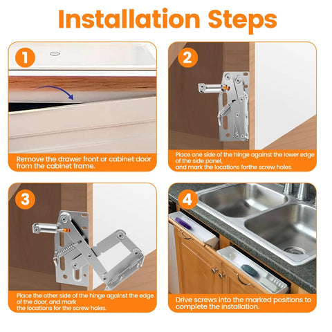 Installation steps for Heavy Duty Soft Close Tip Out Tray Hinges With Smooth Damping Action For Kitchen Sink Cabinets in a kitchen.