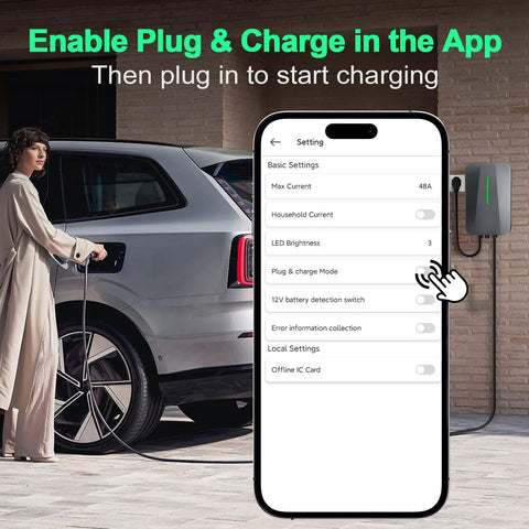 Person using Level 2 Home EV Charger 48 Amp 240V With J1772 Connector and NEMA 14 50 Plug In Option or Hardwired 25 Ft Cable