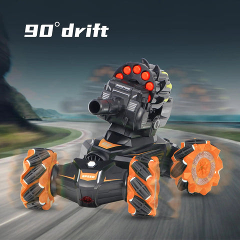 Nerf Compatible RC Battle Tank With Soft Bullets, 360 Degree Spin, showcasing 90° drift on road, orange design, LED lights.