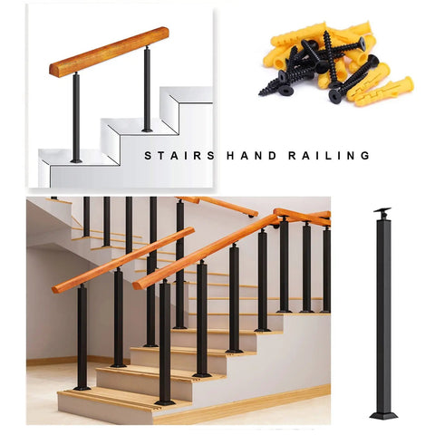 Top Tier Adjustable Handrail Kit For Outdoor Steps Built Tough With Solid Wood And Heavy Duty Iron Posts No Sweat Weather Sealing Keeps Your Front Porch Safe And Sturdy Always, featuring wood rails and metal posts.