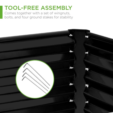 Outdoor Metal Raised Garden Bed 8 By 4 By 2 Ft Deep Root Planter For Vegetables Herbs And Flowers 478 Gallon Capacity Non Toxic Materials Heavy Duty Black showing tool-free assembly with bolts