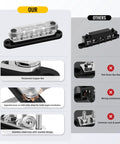 Comparison of Heavy Duty 150A Marine Bus Bar Power Distribution Block with thickened copper bar and stainless steel nuts.