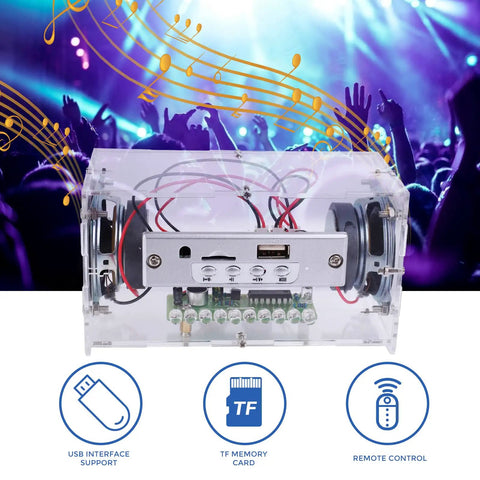 DIY Bluetooth Speaker Kit With USB Mini Stereo Amplifier Soldering Kit LED Lights Transparent Case on stage background