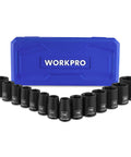 Shop Grade One Half Inch Metric Impact Socket Set With Shallow Six Points And Hardened Steel Build For Easy Rig Repairs And Weekend Project Grinds Inside Sturdy Tote Case with 14 sockets and blue case.