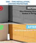 Hella Tough Garage Door Mouse Guard Kit Rustproof Pest Block Seal comparison image showing before and after installation on a garage door.