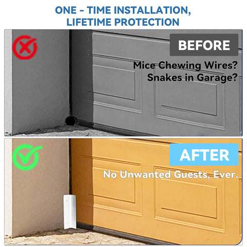 Hella Tough Garage Door Mouse Guard Kit Rustproof Pest Block Seal comparison image showing before and after installation on a garage door.