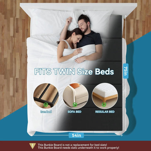 Heavy Duty Twin Size Bunkie Board Builds Legit Solid Support For Your Mattress So You Can Kick Back Without Any Sagging Nonsense On Sofa Beds Or Metal Frames With Half Ton Capacity, fits twin size beds and shown with sleeping couple.