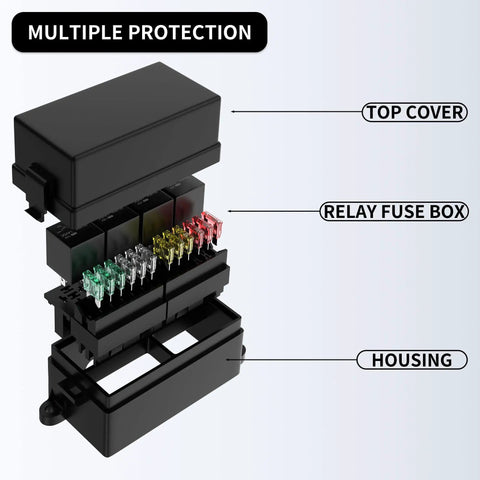 Exploded view of Pre Wired 12 Volt Fuse Relay Box With 4 Relays And 12 Fuses Sealed Waterproof Case Built For Auto Car Marine Boat And RV Projects Ready To Plug In And Handle Heavy Duty Electrical Tasks Easily showing top cover, relay fuse box, and housing.