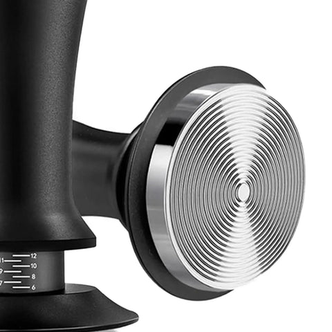 Seven Piece Espresso Tamper Kit Designed For 51mm Filter Cups, close-up of black tamper handle and silver base.