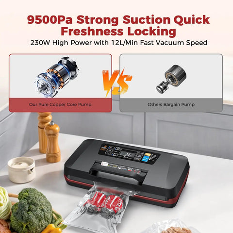 95KPa Vacuum Sealer Machine For Food Auto With Dual 12mm Heat Seal 10 In 1 Modes on kitchen counter with packaged food