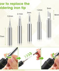Diagram of replacing tips in 100W LED Digital Soldering Iron Kit With Ceramic Heater, showing various tip sizes and steps.