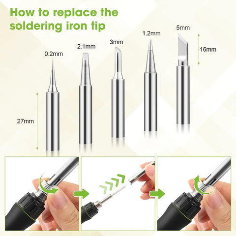 Diagram of replacing tips in 100W LED Digital Soldering Iron Kit With Ceramic Heater, showing various tip sizes and steps.