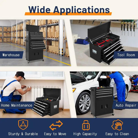 Heavy Duty Tool Chest And Rolling Cart Combo, Built Tough With Cold Rolled Steel, Smooth Ball Bearing Glides, Secure Locking Cabinet, Rock Solid Garage Workhorse Mobile Storage Organizer For Any Shop Setup In Black