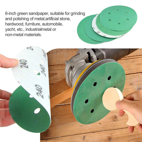 Hand applying 50Pcs 6 Inch 6 Hole Wet Dry Sanding Discs Assortment Set Green Film Back Grit 60 120 150 240 400 600 800 1000 1500 2000 For Metal Car Boat Polishing And Finishing Pro Grade to sander on wood surface