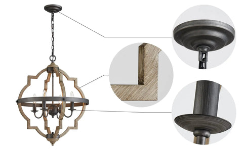 4 Light Farmhouse Chandelier For Dining Room Rustic Black Globe Orb Drum Pendant With Wood Grain Metal Frame details