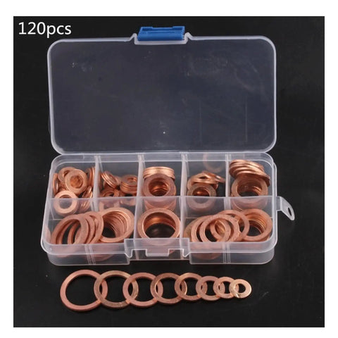 Copper Flat Washers Set For Screws, Rust Resistant Gasket Shims, Heavy Duty Kit With 120 Pieces in plastic organizer box