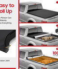 Soft Roll Up Tonneau Cover For Ford F150 5.5ft Bed 2015 2026 fully rolled up showing cargo in truck bed compartments