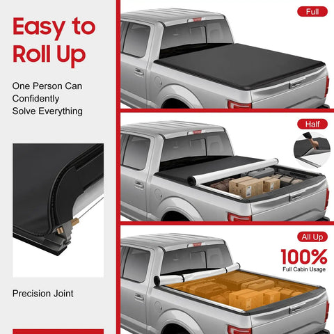 Soft Roll Up Tonneau Cover For Ford F150 5.5ft Bed 2015 2026 fully rolled up showing cargo in truck bed compartments