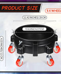 Two Pack Round Plastic Bucket Dollies With Five Quick Spin Swivel Casters For Smooth Easy Rolling Heavy Duty Mobile Base Stands No Sweat Transport For Car Washes Or Lugging Flower Pots Around The Shop In Black, showing size and design details.