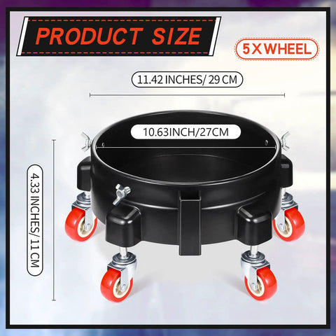 Two Pack Round Plastic Bucket Dollies With Five Quick Spin Swivel Casters For Smooth Easy Rolling Heavy Duty Mobile Base Stands No Sweat Transport For Car Washes Or Lugging Flower Pots Around The Shop In Black, showing size and design details.