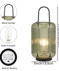 Battery Powered Table Lamp Cordless LED Lantern with Handle, Amber Green Glass Shade, 5''L x 11.5''H, indoor outdoor use