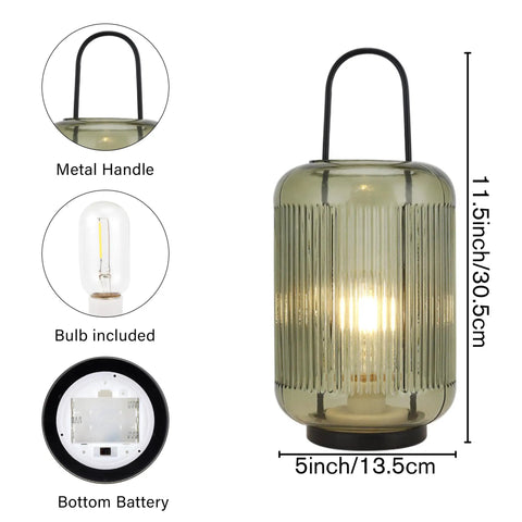 Battery Powered Table Lamp Cordless LED Lantern with Handle, Amber Green Glass Shade, 5''L x 11.5''H, indoor outdoor use