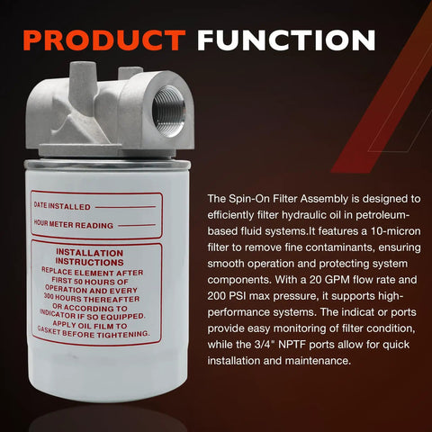 Heavy Duty Hydraulic Oil Filter Assembly 10 Micron For Petroleum Fluids Three Quarters Inch NPT Return Line Filter Housing