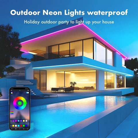 Modern house with Neon Rope Lights 50Ft RGB LED Strip IP67 Waterproof DIY Design Friendly Music Sync 44 Key Remote Multiple Modes