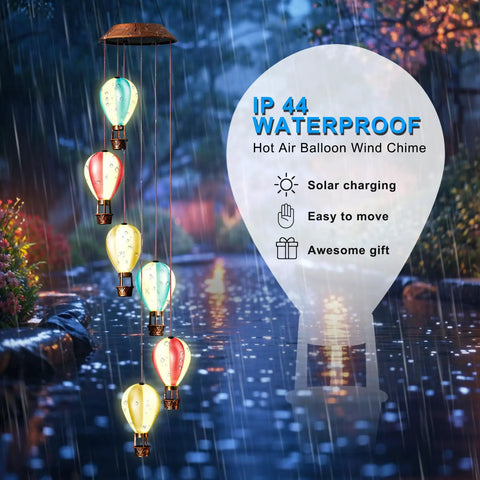 Solar Powered Wind Chimes With Hot Air Balloon Lights For Outdoors Auto Light Up Garden Decor glowing in rain