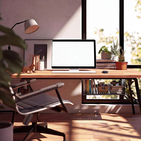 Slick Under Desk Computer Mount Bracket For Small Form Factor PCs And Gaming Rigs That Will Kick Clutter To The Curb While Upgrading Your Home Office Setup And Keeping Gear Securely Fastened on a wooden desk with a monitor, plant, and lamp.