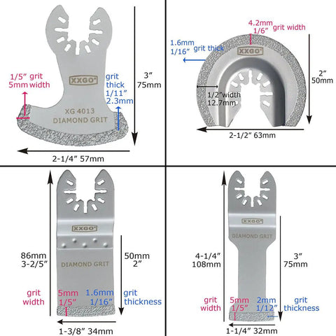 XXGO 4-Piece Oscillating Tool Diamond Grout Blades, various dimensions, showing grit width and thickness, for grout removal