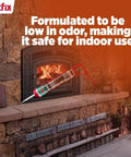 Heat Fighter Black Fireplace Sealant Withstands Up To 2700F Direct Flame Sealing cartridge in front of a stone fireplace.