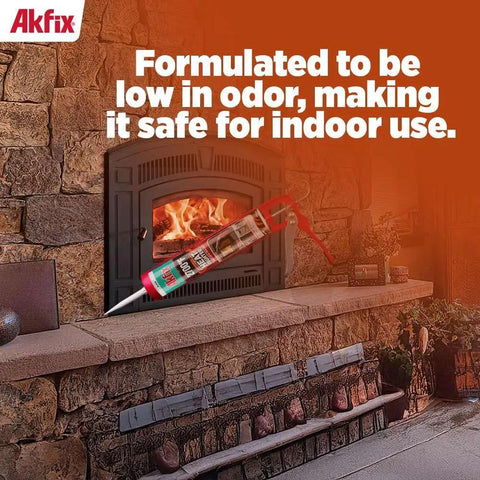 Knockout Heat Resistant Fireplace Sealant Handles 2700 Degrees Like A Pro For Wood Stoves Chimneys Ovens Grills shown with flame backdrop.