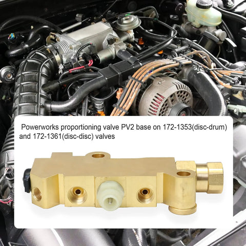 PV2 brass proportioning valve for disc/drum brake system, gold-toned unit mounted in engine bay