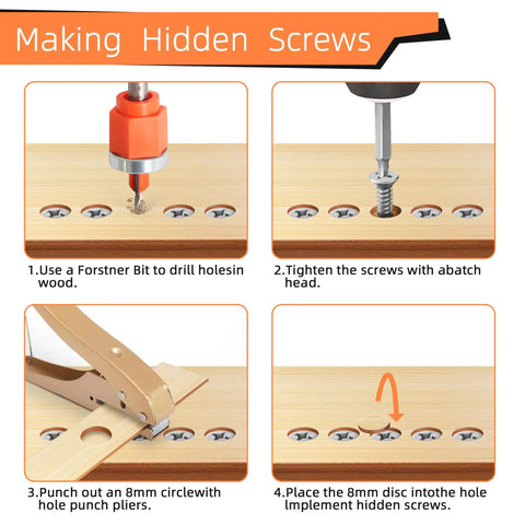 Making hidden screws process with Six Piece Adjustable Depth Countersink Drill Bit Set With Hole Punch for woodworking.