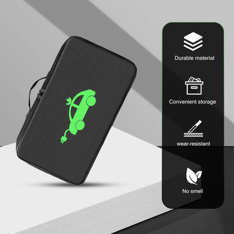 Heavy Duty Waterproof Oxford EV Charger Bag Stores All Your Cables And Guns Securely Includes A Comfy Grip Handle Universal Fit on a stylish background.