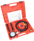 Pro Grade oil pressure tester kit for cars and trucks with 0-140 PSI gauge and 10 adapters in red carrying case for precise engine diagnostics.