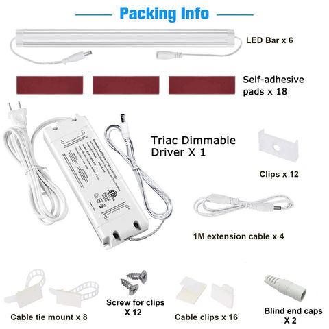 Dimmable Under Cabinet Lighting Kit With Plug In Or Hardwired Driver, LED bar, dimmable driver, installation accessories